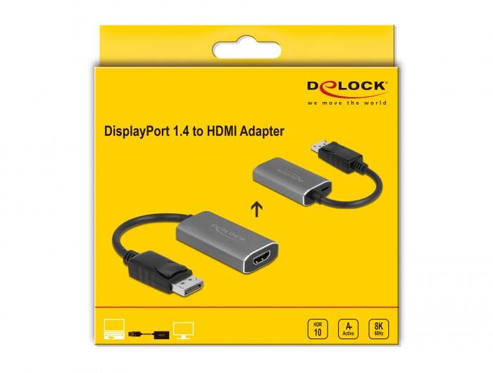 Gelbe Verpackung mit der Aufschrift 'DisplayPort 1.4 to HDMI Adapter'. Zeigt einen Adapter für Video- und Audiokonnektivität.