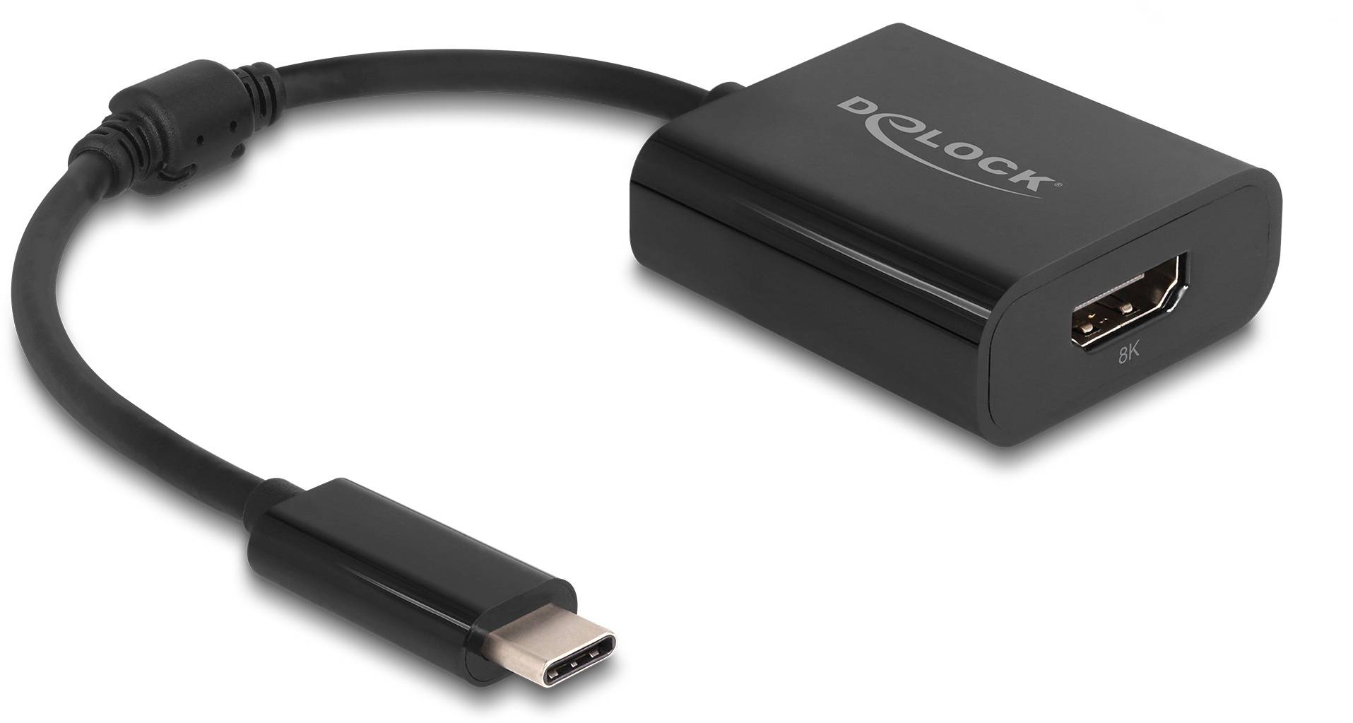 Ein schwarzer Adapter von USB-C auf HDMI, geeignet für 8K-Auflösung, zeigt Markenname auf Gehäuse.