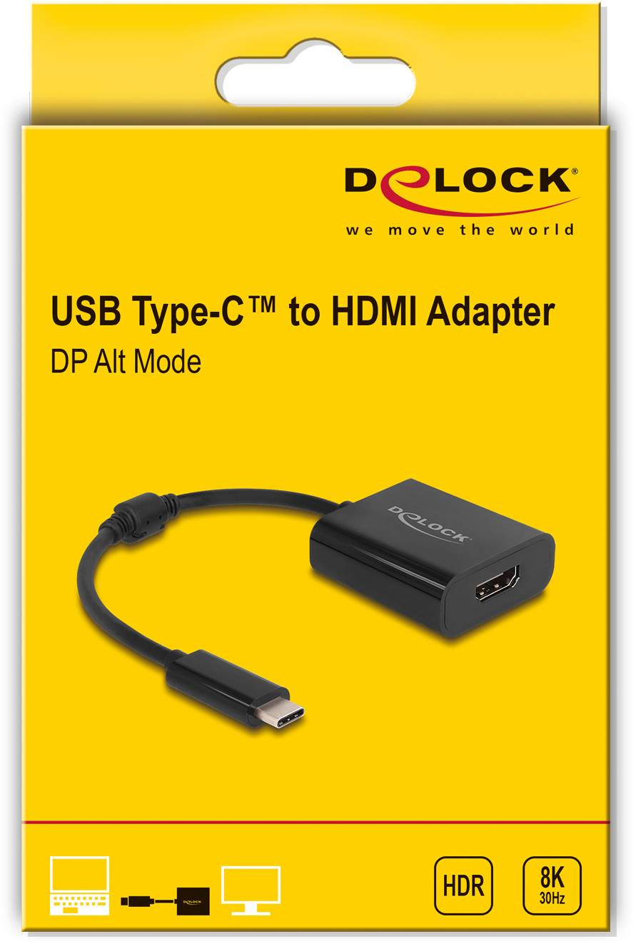 Verpackung eines Delock USB Type-C zu HDMI Adapters, geeignet für DP Alt Mode und unterstützt 8K Auflösung bei 30 Hz.