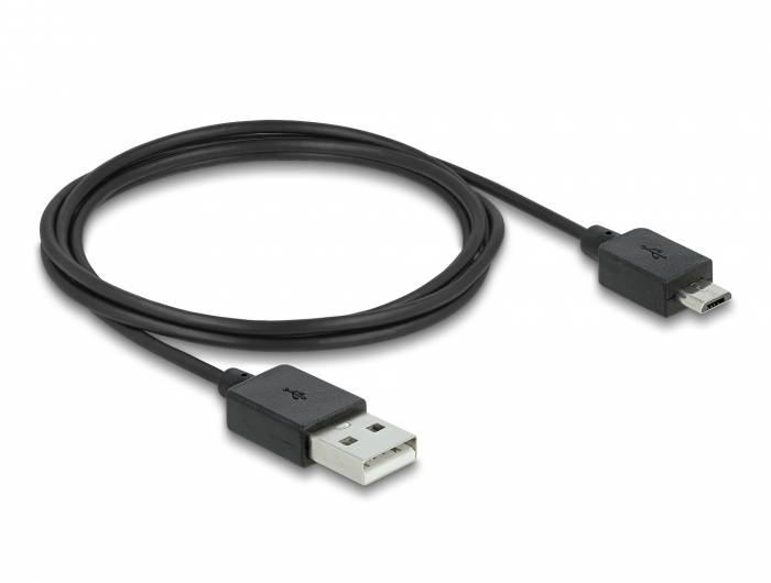 Ein schwarzes USB-Kabel mit einem Standard-USB-Anschluss auf der einen Seite und einem Micro-USB-Anschluss auf der anderen.