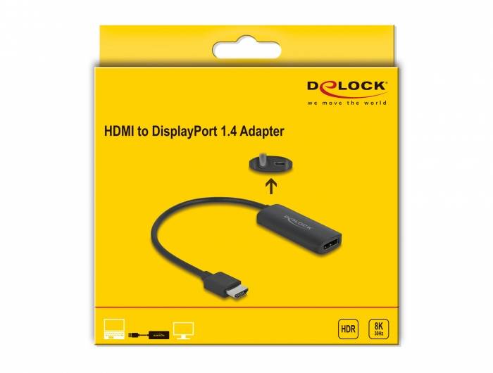 Gelbe Verpackung eines DeLOCK HDMI zu DisplayPort 1.4 Adapters, geeignet für HDR und 8K. Enthält Bild des Adapters mit Produktnamen.