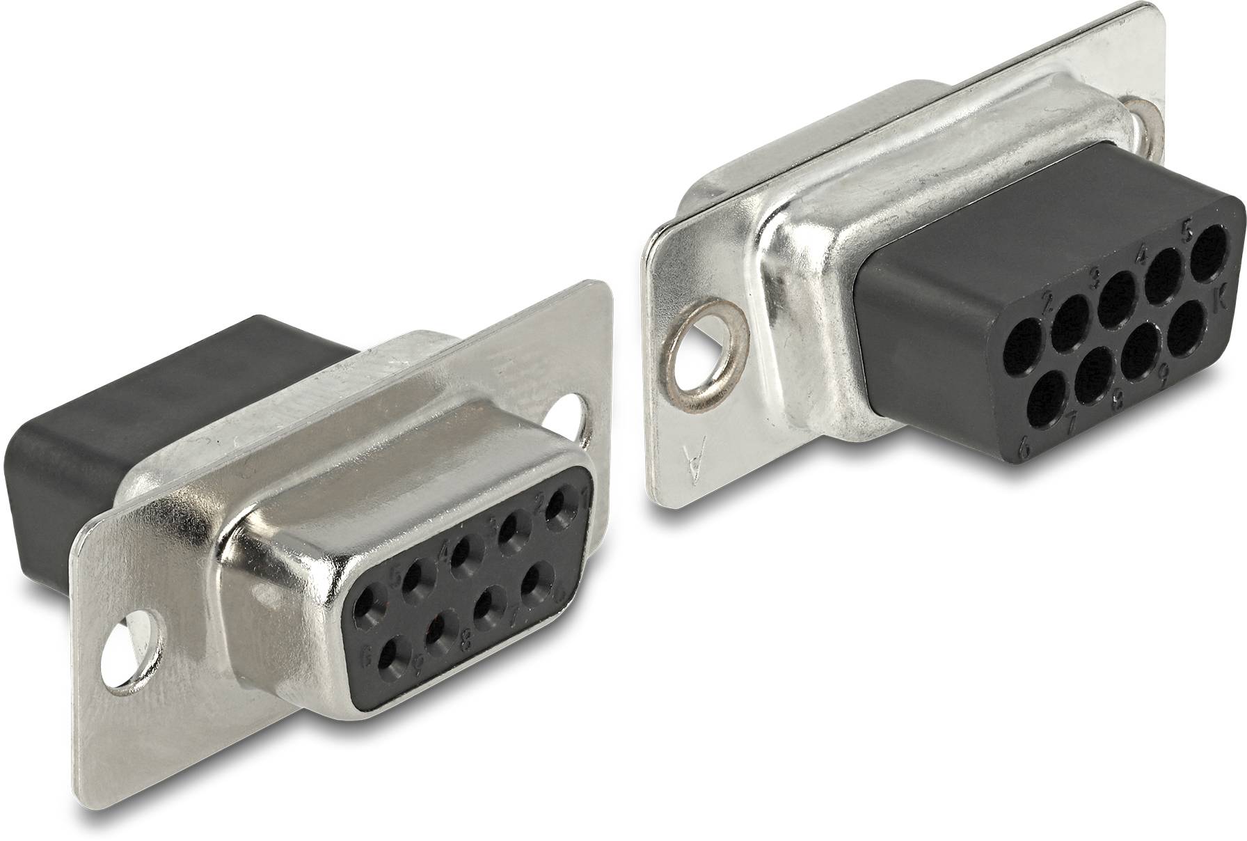 Zwei D-Sub-Stecker-Paare mit Metallgehäuse, nebeneinander liegend, zeigen die typische rechteckige Form und runden Buchsen.