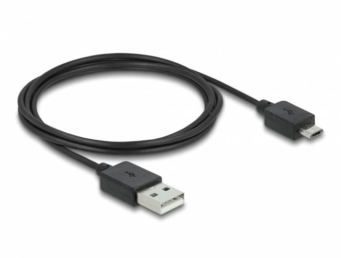 Schwarzes USB-Kabel mit Standard-USB-Stecker auf der einen Seite und einem Mikro-USB-Stecker auf der anderen Seite, auf weißem Hintergrund.