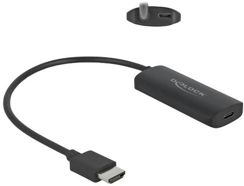 USB-C-zu-HDMI-Adapterkabel mit schwarzem Gehäuse und Delock-Logo, ermöglicht den Anschluss eines HDMI-Geräts an USB-C-Anschluss.