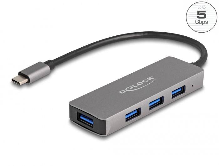 Delock 63173 USB-Hub 4 Port USB-A USB 3.2 Gen1 5 GBit/s mit USB-C® Stecker Schwarz 63173