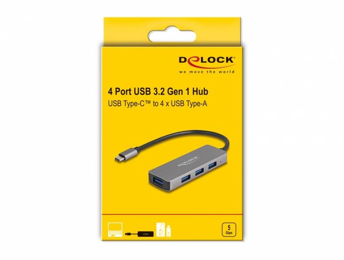 Delock 63173 USB-Hub 4 Port USB-A USB 3.2 Gen1 5 GBit/s mit USB-C® Stecker Schwarz 63173