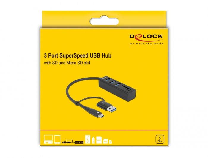 Delock 63859 USB-Hub 3 Port USB-A, microSD, SD USB 3.2 Gen1 5 GBit/s mit USB-C® Stecker 63859