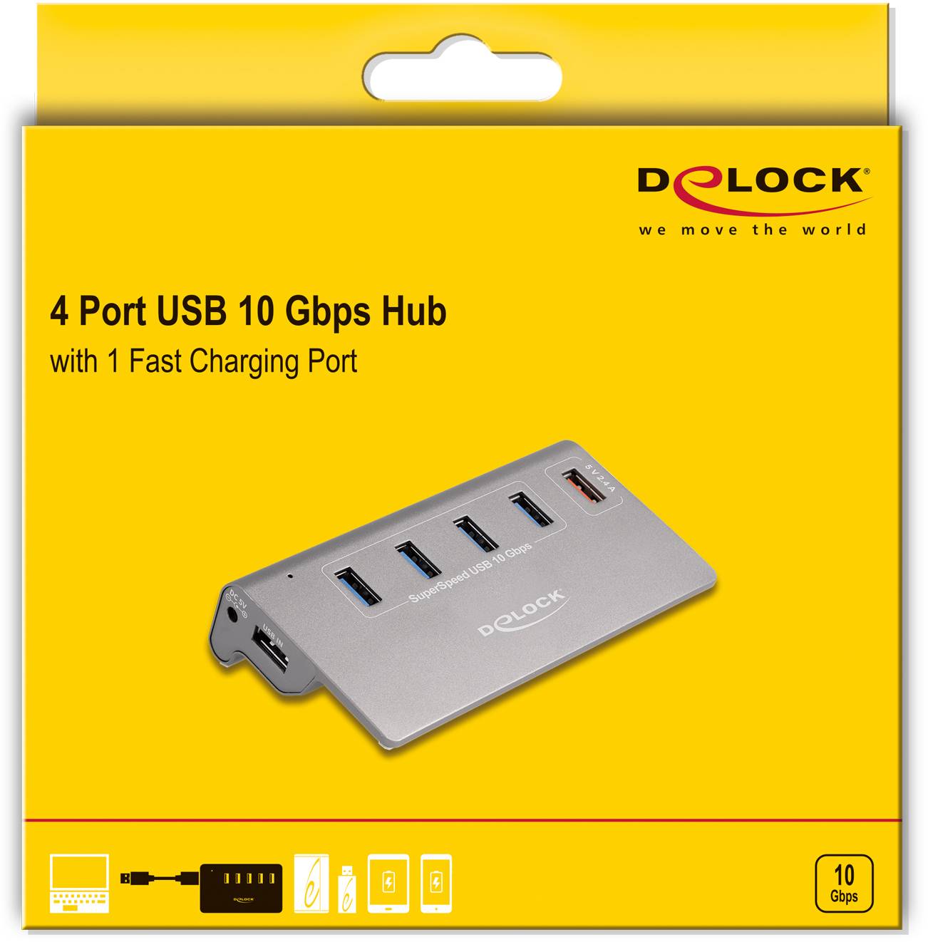 Delock 64182 USB-Hub 4+1 Port USB-A, DC-Buchse 3.5mm USB 3.2 Gen2 10 GBit/s Grau 64182