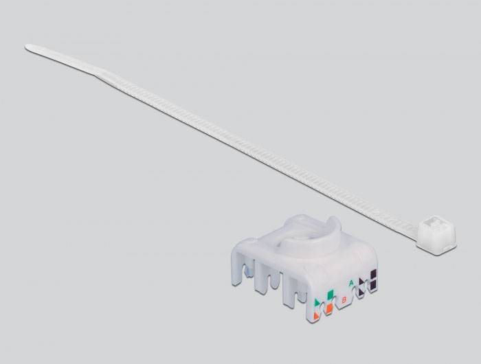 Kabelbinder mit einem Kunststoffmodul, das farbige Markierungen trägt. Wird zur Organisation oder Sicherung von Kabeln verwendet.