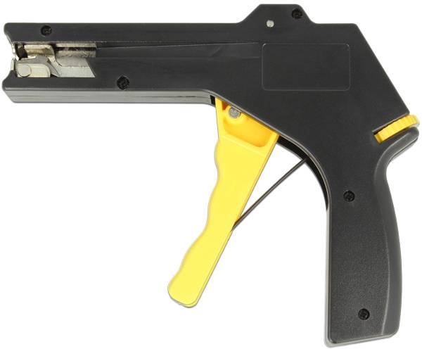 Ein schwarzer Kabelbinder-Werkzeug mit gelbem Griff, verwendet zum Anziehen und Schneiden von Kabelbindern in der Elektrotechnik.