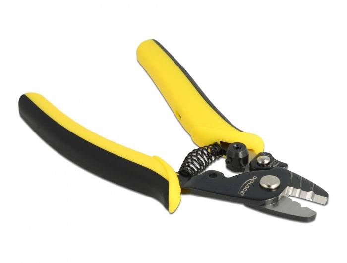 Abgebildet ist ein gelb-schwarzer Abisolierer mit ergonomischen Griffen, der zum Entfernen von Isolierung auf elektrischen Kabeln verwendet wird.