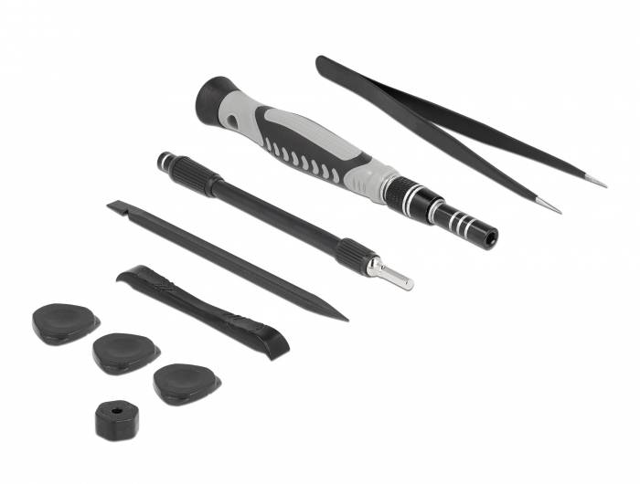 Ein Reparaturset bestehend aus einem Schraubenzieher mit Wechselbits, einer Pinzette und weiteren Werkzeugen. Ideal für Elektronikreparaturen.