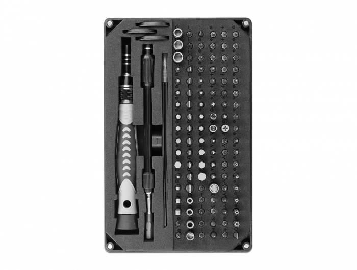 Ein Schraubendreher-Set mit verschiedenen Bits in einem rechteckigen Kasten. Enthält mehrere Reihen von Bits in unterschiedlichen Formen und Größen.