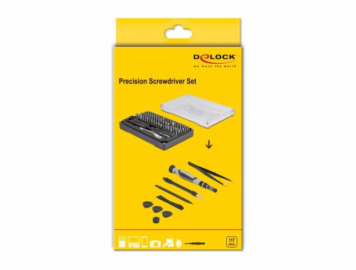 Gelbes Verpackungsdesign eines 'Precision Screwdriver Set' von Delock, zeigt diverse Schraubenzieher und Bits, geordnet und gelagert.