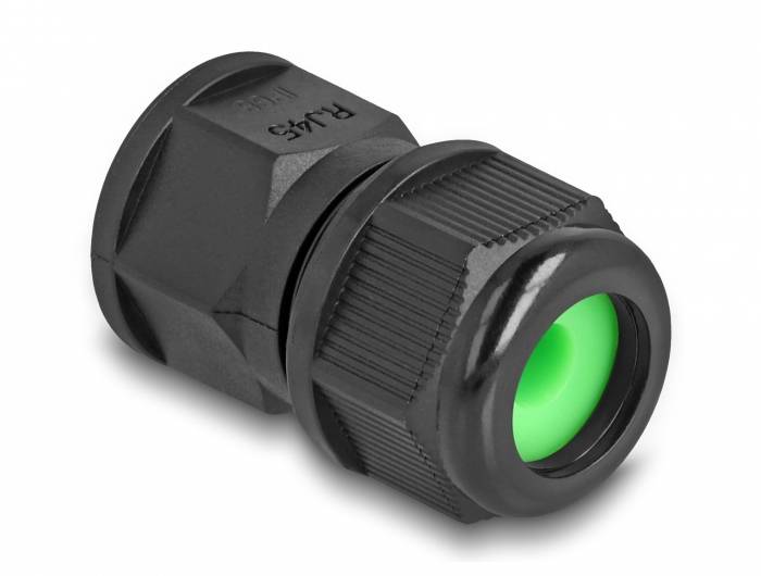 Schwarzes Kunststoffkabelverschraubungselement mit grünem Einsatz. Verwendet zur sicheren Kabelbefestigung und -führung in elektrischen Installationen.