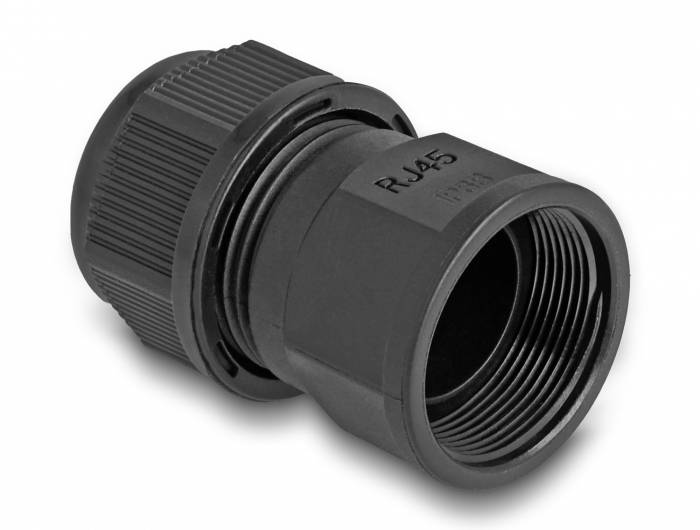 Schwarzer RJ45-Steckeradapter mit Rändelstruktur für einfache Handhabung. Wird zur Verbindung von Netzwerkkabeln verwendet.