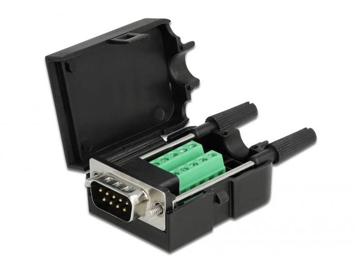 Schwarzer DB9-Stecker mit grünem Klemmenblock, geöffnet zur Ansicht. Geeignet für elektrische Verbindungen oder Signalübertragungen.