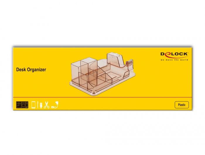 Gelber Karton mit 'Desk Organizer' und Marke 'Delock'. Abbildung eines durchsichtigen, mehrteiligen Schreibtisch-Organizers aus Plastik.