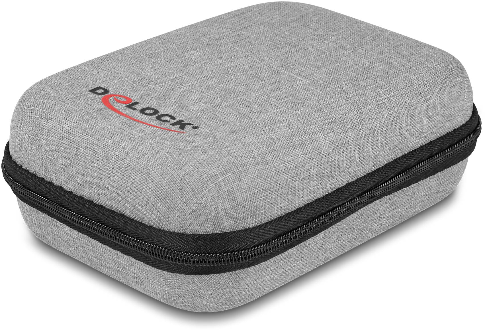 Graues Etui mit schwarzem Reißverschluss und rotem 'Delock'-Logo, geeignet zur Aufbewahrung von elektronischen Geräten oder Zubehör.