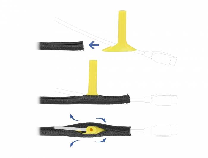 Ein gelbes Ventil wird in einen schwarzen Schlauch eingeführt und verschlossen. Der Pfeil zeigt die Richtung des Einführens.