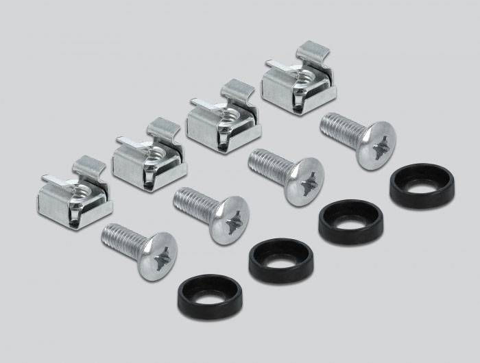 Sechs silberne Schrauben, vier silberne Klammern und vier schwarze Unterlegscheiben auf grauem Hintergrund.