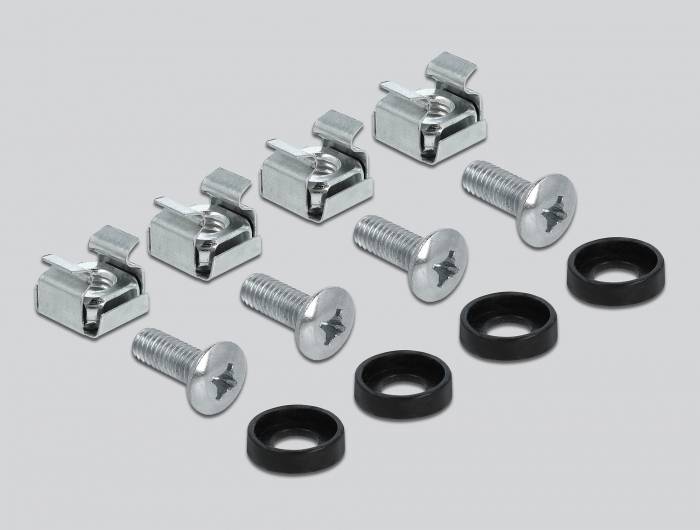 Vier silberne Schrauben mit schwarzen Gummiringen und dazugehörigen Metallclips auf grauem Hintergrund.