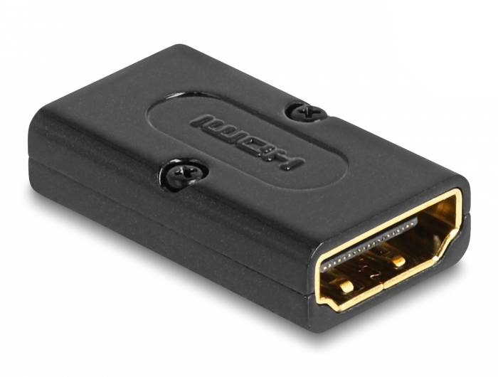 Ein schwarzer HDMI-Adapter auf einer weißen Fläche. Der Adapter hat einen goldfarbenen HDMI-Stecker.