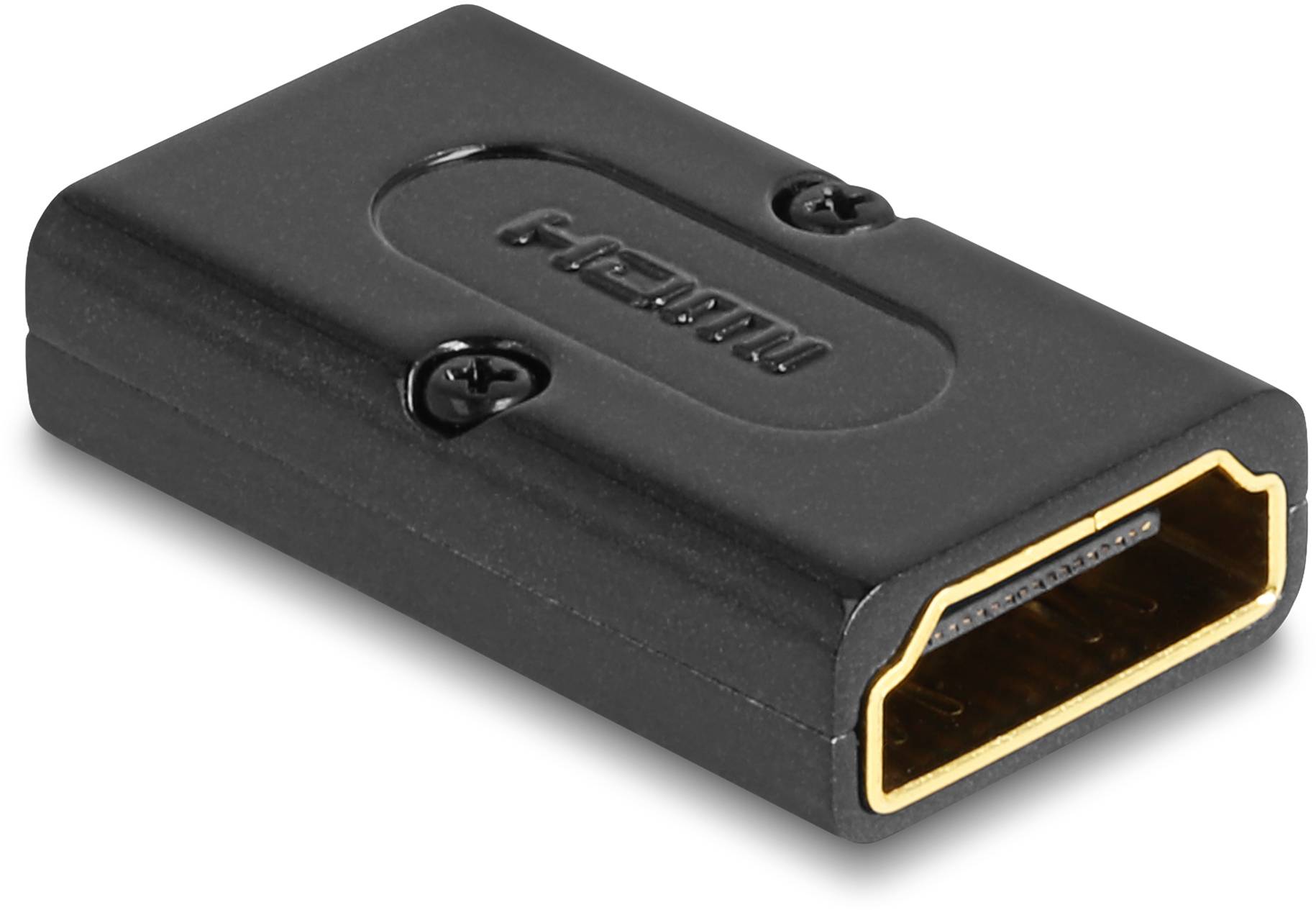 Schwarzer HDMI-Adapter mit zwei Buchsen, geeignet zum Verbinden von zwei HDMI-Kabeln zur Übertragung von Audio- und Videosignalen.
