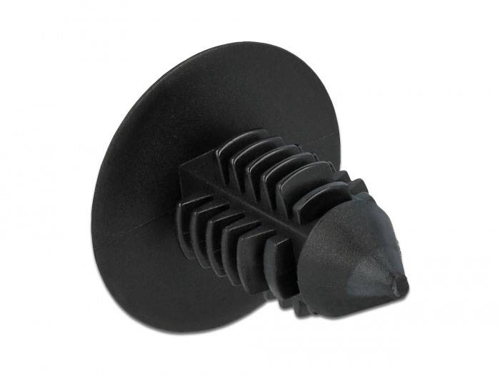 Schwarzer Kunststoff-Clips-Halter mit geriffelten Seiten und rundem Kopf, verwendet zum Befestigen von Bauteilen in Fahrzeugen.