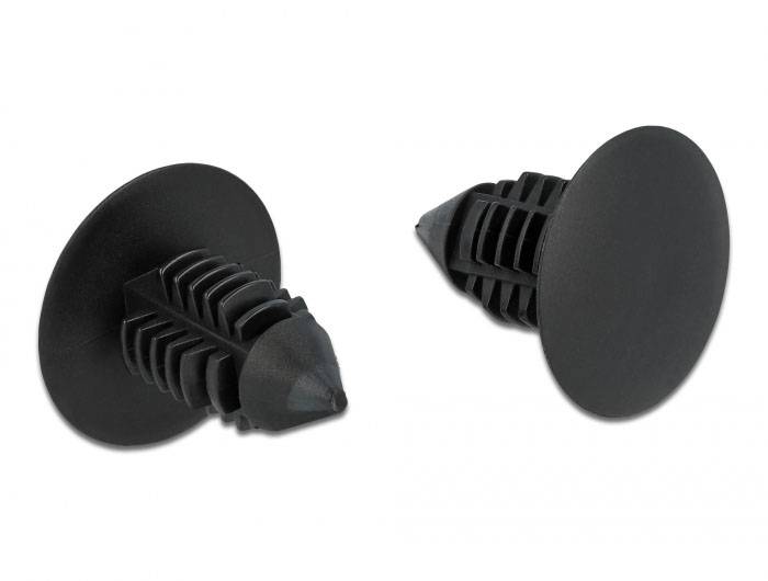 Zwei schwarze Kunststoffspreiznieten, verwendet zum sicheren Befestigen von Materialien in Kfz-Bauteilen oder anderen Anwendungen.