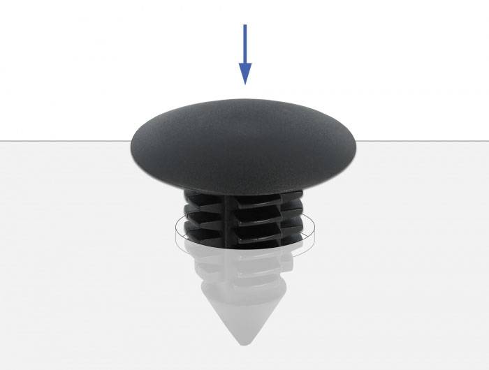 Ein schwarzer, runder Stopfen mit Pfeil nach unten weist auf die Installation oder Fixierung in einer Oberfläche hin.