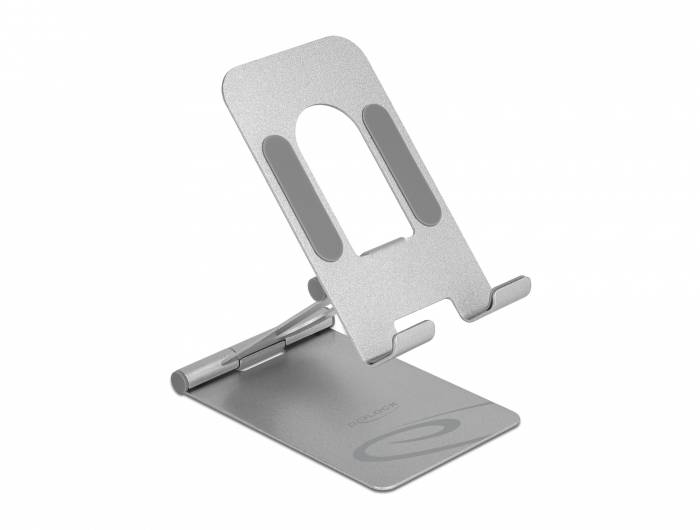 Metallischer, verstellbarer Tablet-Ständer in Silber mit Neigungseinstellung. Geeignet zur Stabilisierung von Tablets auf Schreibtischen.