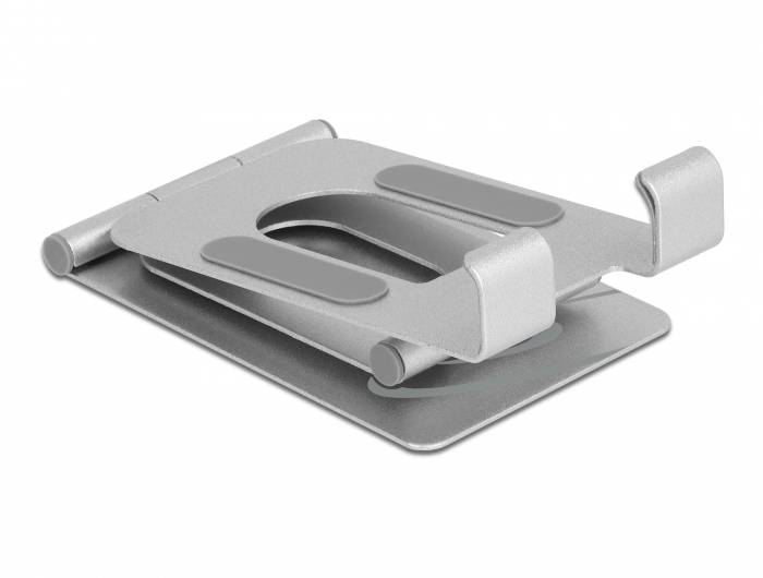 Silberner, zusammenklappbarer Laptop-Ständer aus Metall, der tragbare Computer in einer erhöhten, geneigten Position hält.
