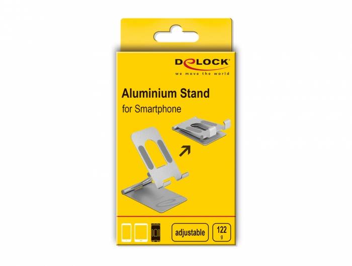 Gelbe Verpackung eines verstellbaren Aluminium-Handyständers von Delock. Zeigt den Ständer mit Smartphone-Symbol und Gewicht: 122 g.