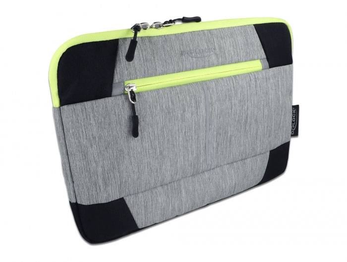 Graue Laptoptasche mit gelbem Reißverschluss und schwarzem Zubehör. Schlichtes Design für Geräteaufbewahrung und -schutz.