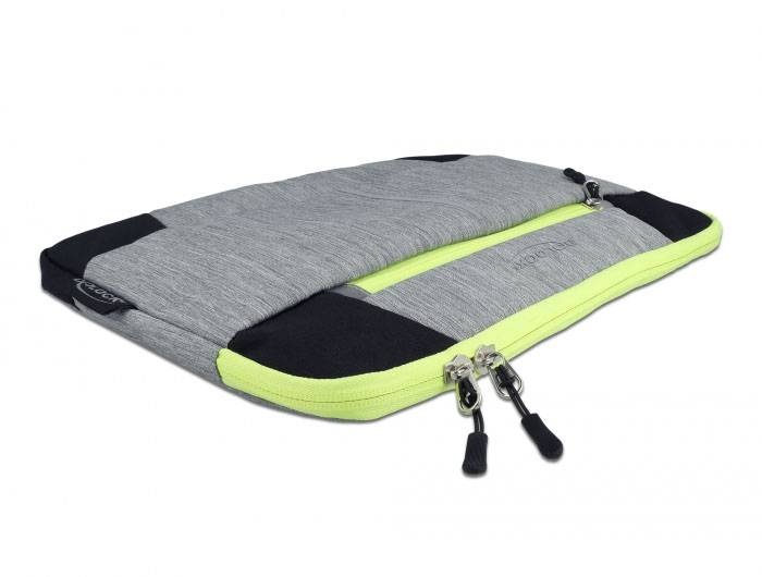 Graue Laptoptasche mit schwarzem und neongelbem Akzentstreifen. Hat zwei Reißverschlüsse und bietet Schutz für tragbare Computer.