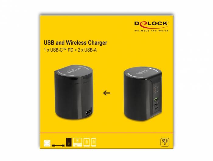 Delock 41441 USB Ladegerät 58W USB-C®, USB-A Qi Wireless Charging Schwarz Steckdose Wireless Charger, Schnellladegerät