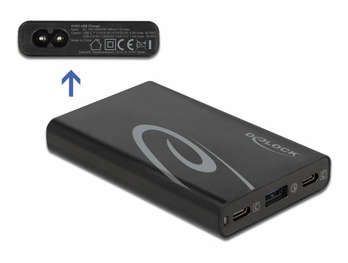 Delock 41453 USB Ladegerät USB-C®, USB-A USB PD Schwarz Steckdose USB Power Delivery (USB-PD), Überstromschutz, Schnellladegerät