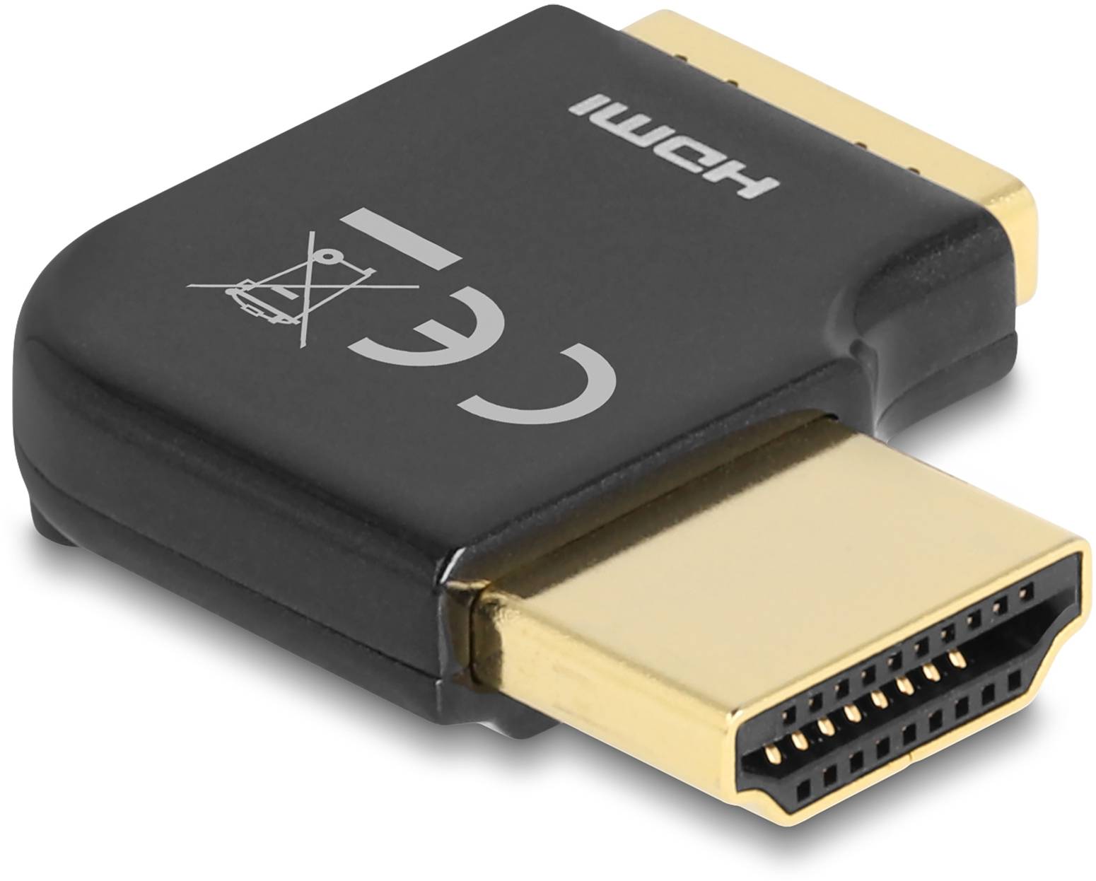 Ein schwarzer HDMI-Adapter mit goldenen Anschlüssen, geeignet für den Anschluss von HDMI-Kabeln an Geräte.
