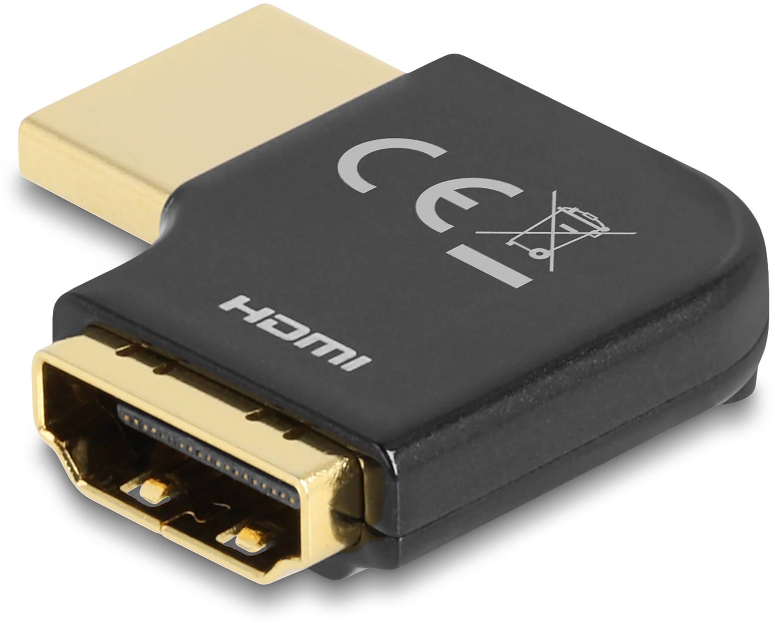 Ein schwarzer HDMI-Winkeladapter mit goldenen Anschlüssen, CE- und Mülleimer-Symbol. Verwendet, um HDMI-Kabel flexibel zu verbinden.