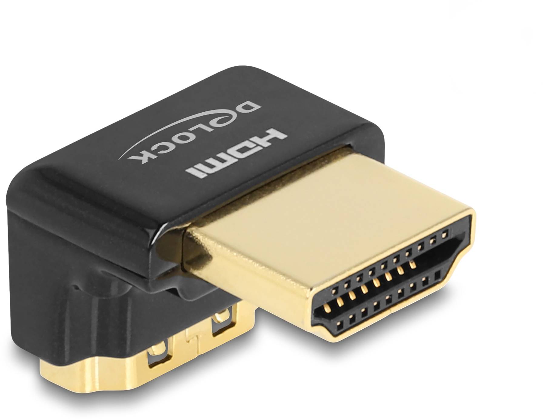 Ein schwarzer HDMI-Stecker mit goldfarbenen Kontakten zeigt nach rechts. Designed für flexible Anschlussmöglichkeiten in engen Räumen.