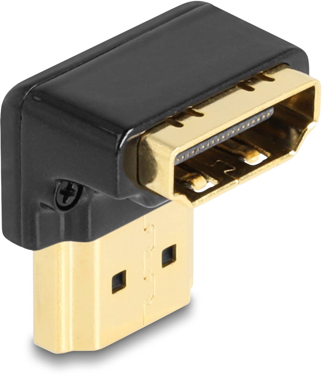 Ein HDMI-Winkeladapter mit goldbeschichteten Anschlüssen, der ermöglicht, HDMI-Kabel in engen Räumen um 90 Grad zu biegen.
