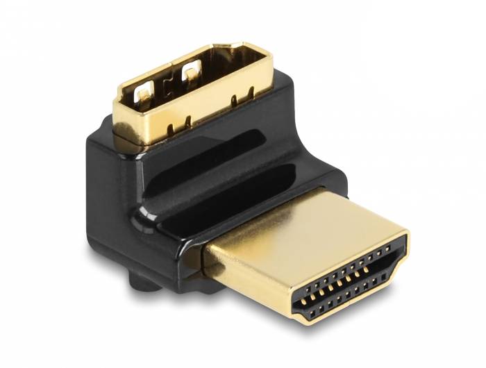 Ein HDMI-Eckadapter, der einen rechten Winkel bietet, um Kabel engere Biegungen um Hindernisse zu ermöglichen oder Platz zu sparen.