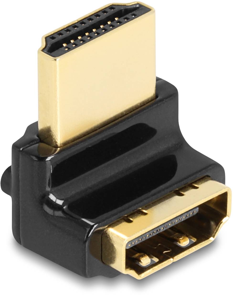 HDMI-Adapter mit einem männlichen und einem weiblichen Anschluss. Schwarzes Gehäuse, vergoldete Steckverbindungen für optimierte Signalübertragung.