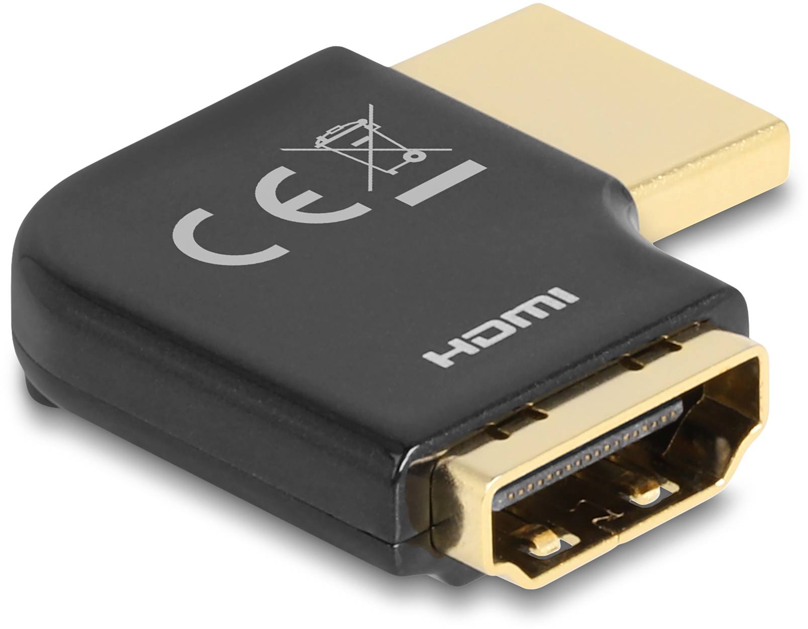 Schwarzer HDMI-Adapter mit goldfarbenem Anschluss und CE-Zeichen, zeigt die Verbindung zwischen HDMI-Kabeln und Geräten.