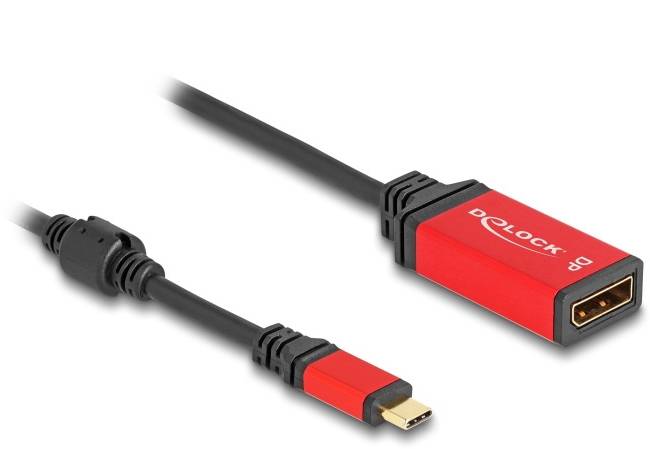 Ein rotes Delock-Kabel mit Mini-DisplayPort-Stecker und HDMI-Buchse.