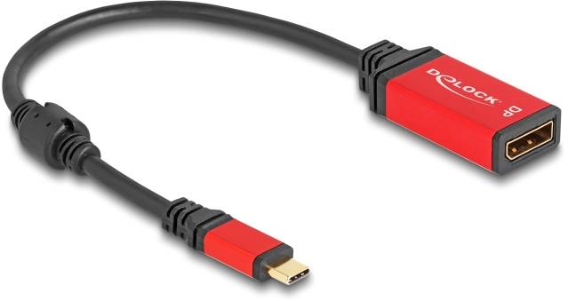 Ein rotes Adapterkabel mit einem Mini-DisplayPort- und einem DisplayPort-Anschluss für die Verbindung zwischen Geräten.