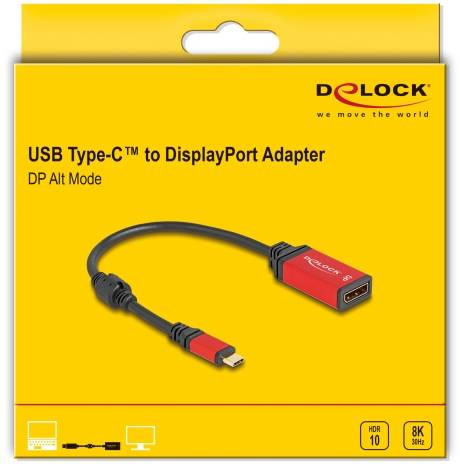 Eine Verpackung für einen Delock USB Type-C™ zu DisplayPort Adapter, geeignet für HDR10 und 8K 30Hz, abgebildet.