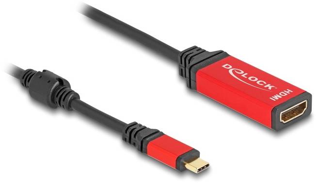 Rotes Delock HDMI Kabel mit Mini-DisplayPort-Anschluss links und HDMI-Anschluss rechts, beide mit schwarzem Kabel verbunden.