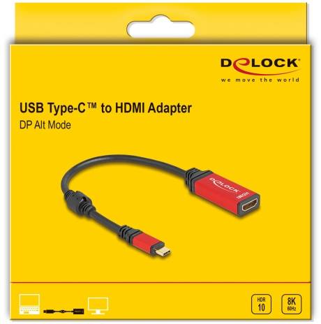 Rote Verpackung eines USB Type-C zu HDMI Adapters, kompatibel mit HDR10 und 8K. Markenname oben rechts.